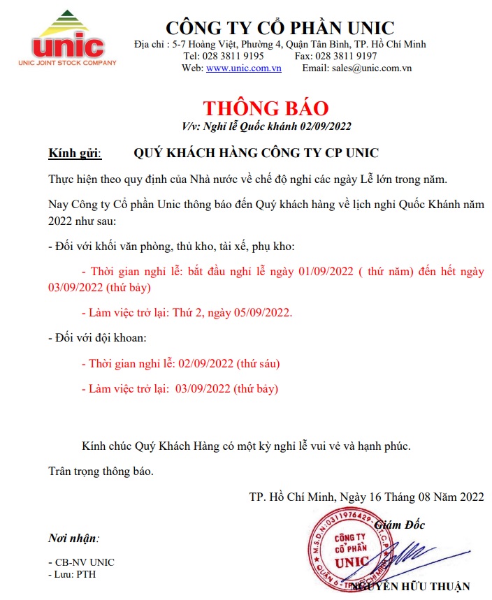 THÔNG BÁO: Nghỉ lễ Quốc khánh 02/09/2022