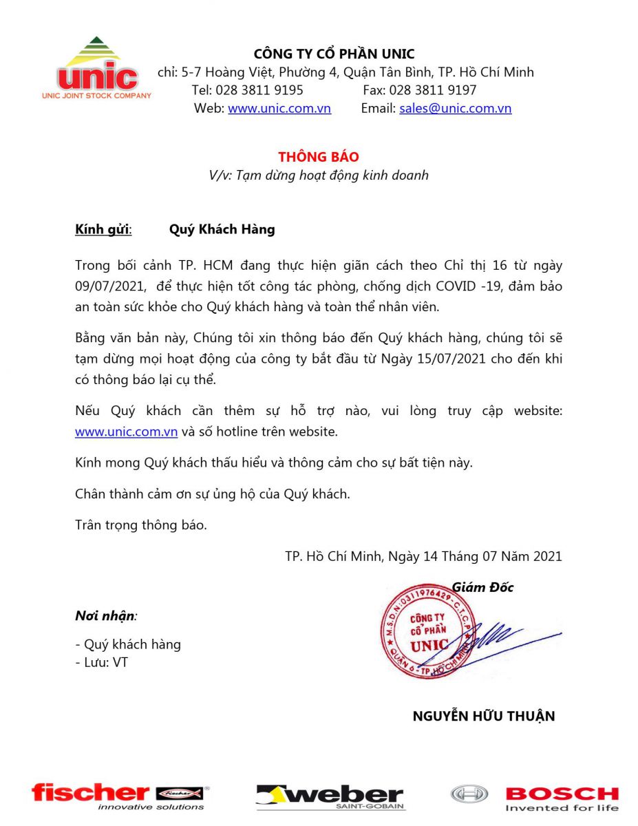 Thông báo tạm dừng hoạt động kinh doanh để đảm bảo phòng - chống dịch COVID 19 (Theo Công văn 2337/ UBND-TH ngày 13/07/2021)